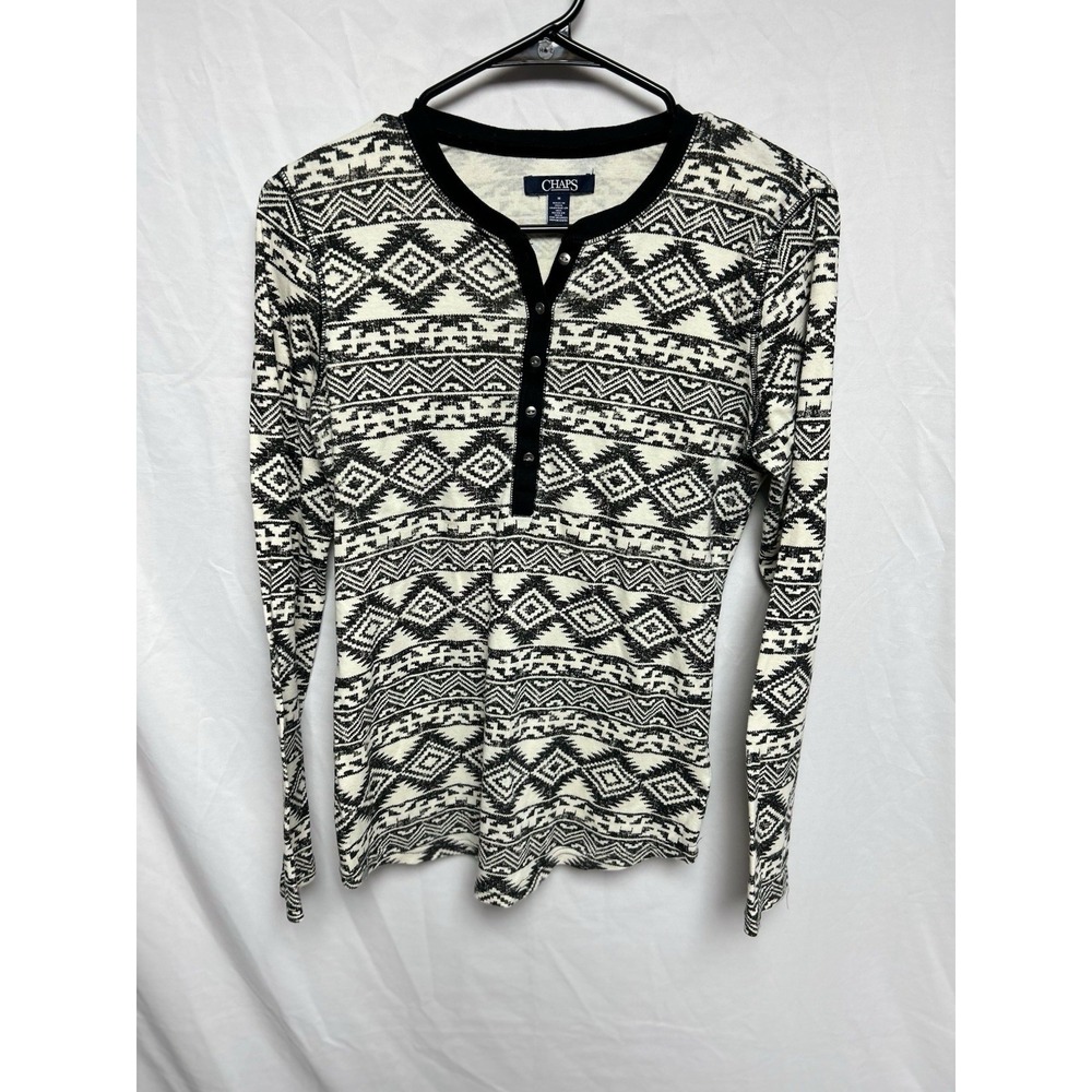 CHAPS Henley Shirt Black White Aztec Southwestern Print Boho Western Women's M